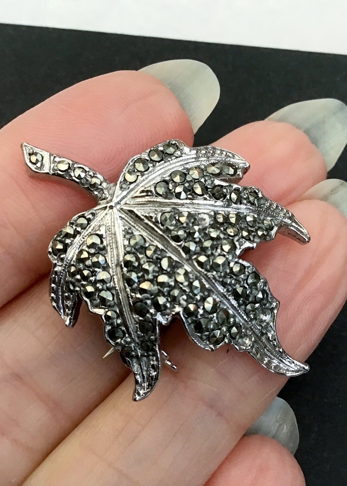 Vintage Silver Marcasite Maple Leaf Brooch Pin