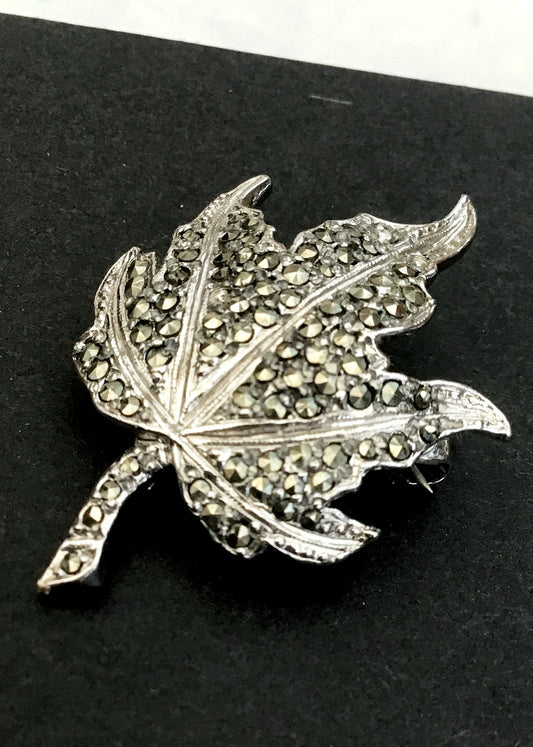 Vintage Silver Marcasite Maple Leaf Brooch Pin
