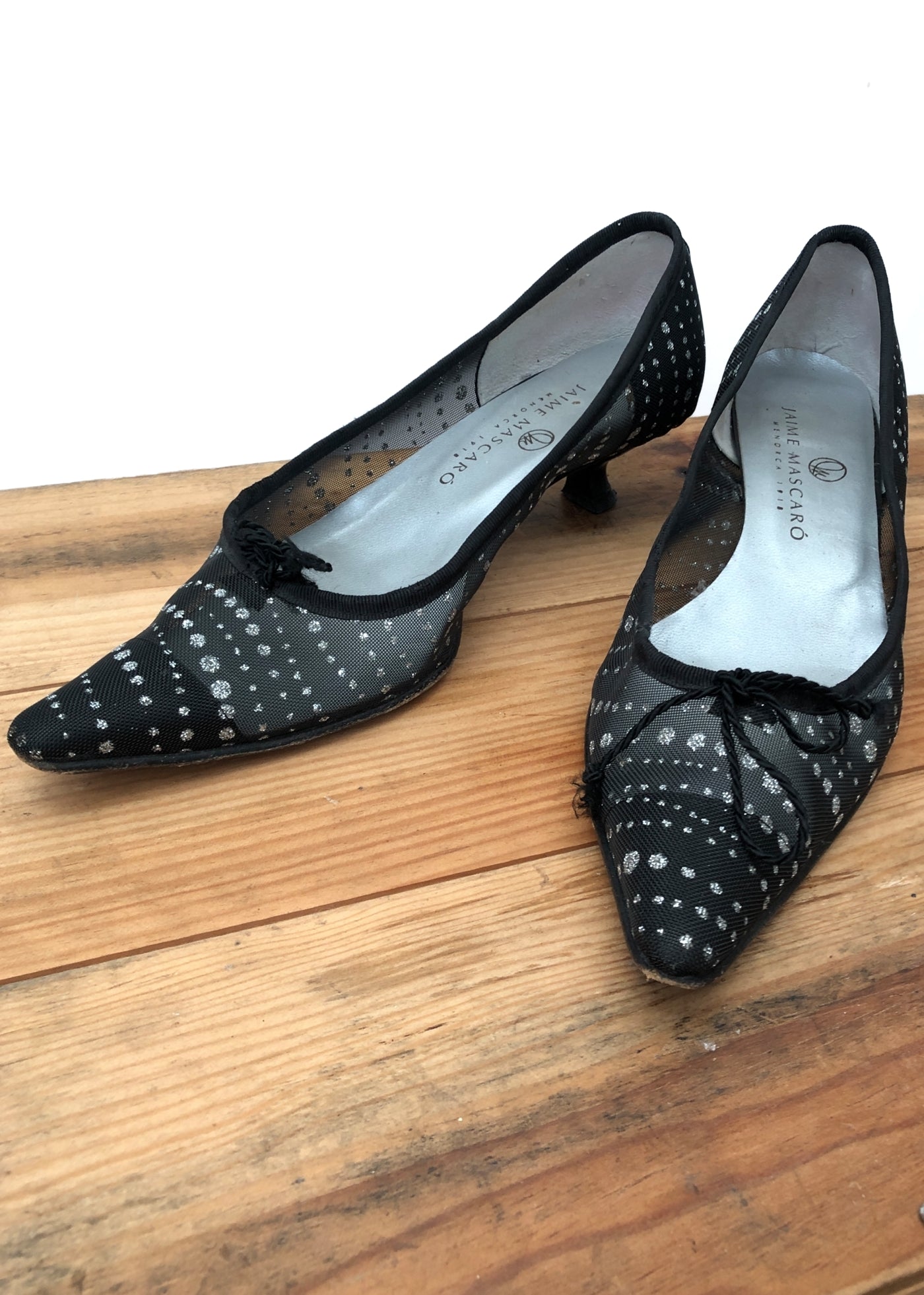 Jaime Mascaró Black Mesh Kitten Heel Pumps Silver Polka Dots • Size 37