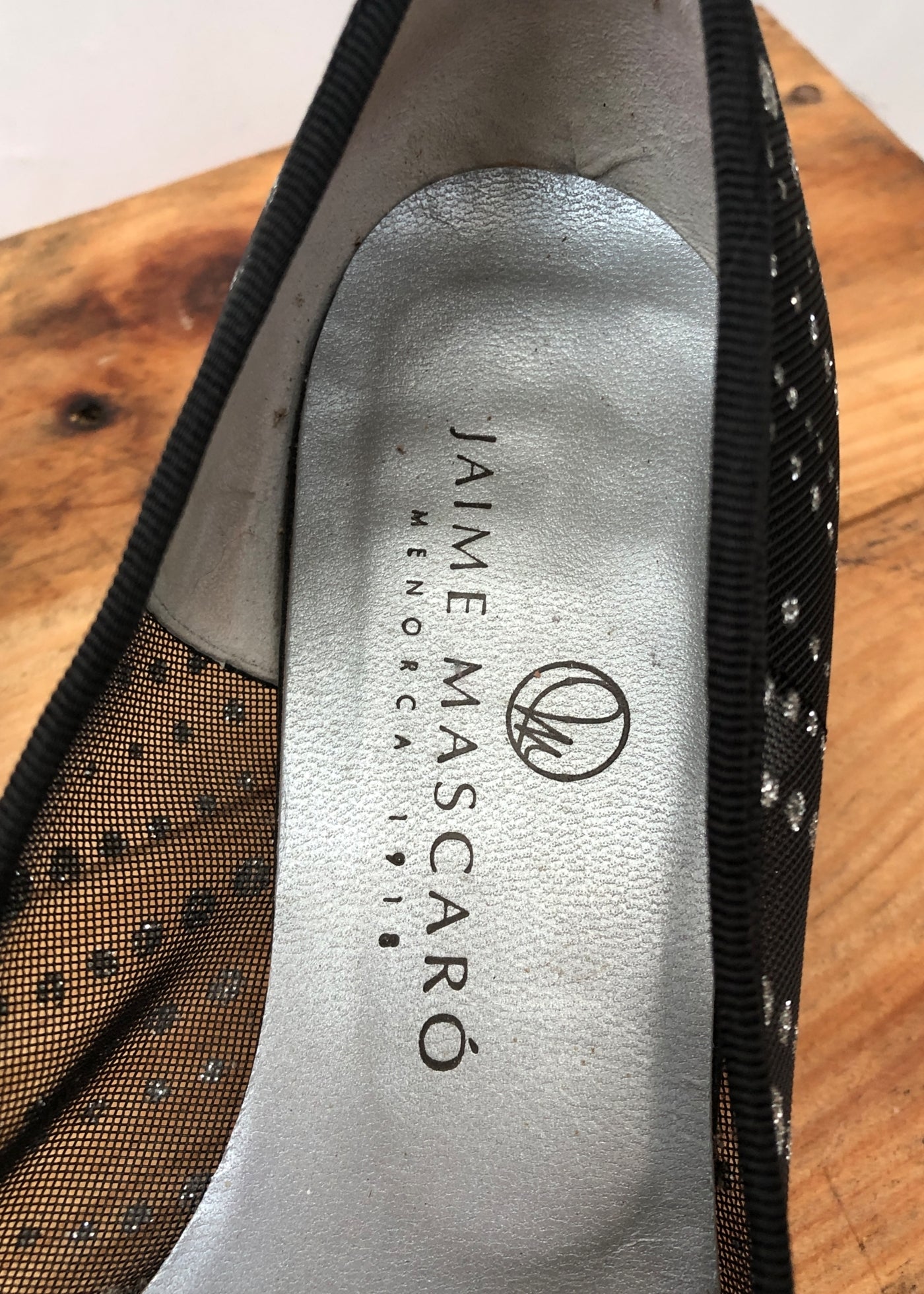 Jaime Mascaró Black Mesh Kitten Heel Pumps Silver Polka Dots • Size 37