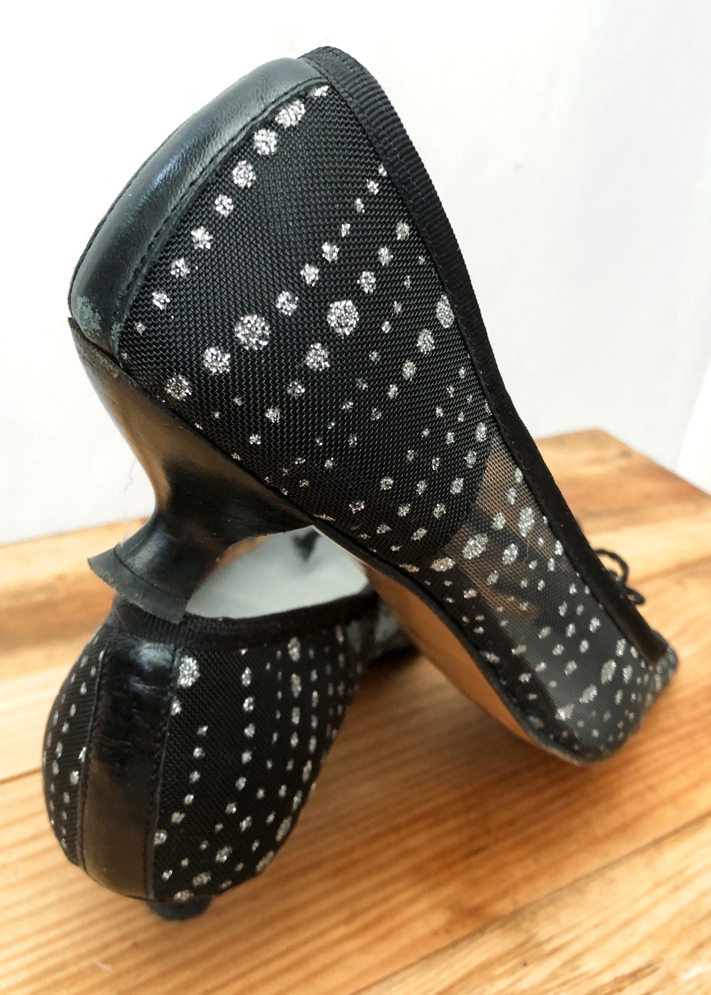 Jaime Mascaró Black Mesh Kitten Heel Pumps Silver Polka Dots • Size 37