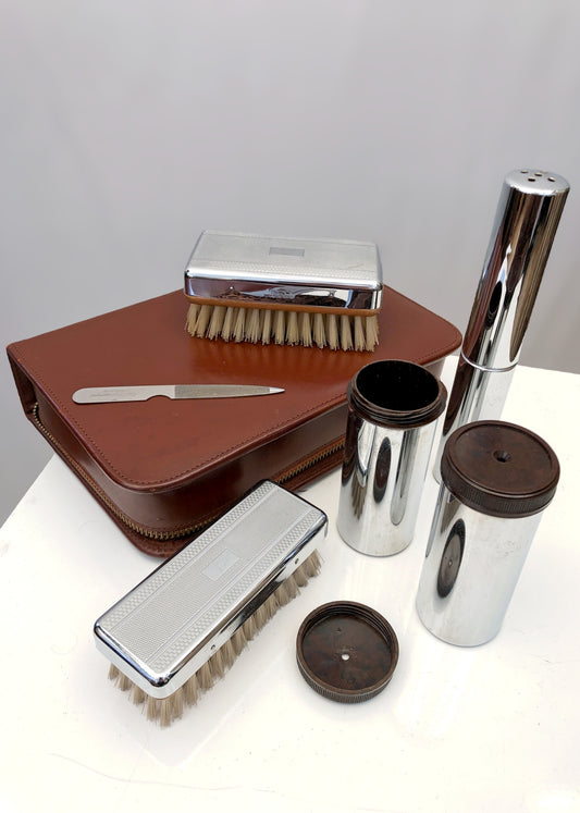 Men's Vintage 50s 5 Piece Travel Grooming Kit • Brown Leather