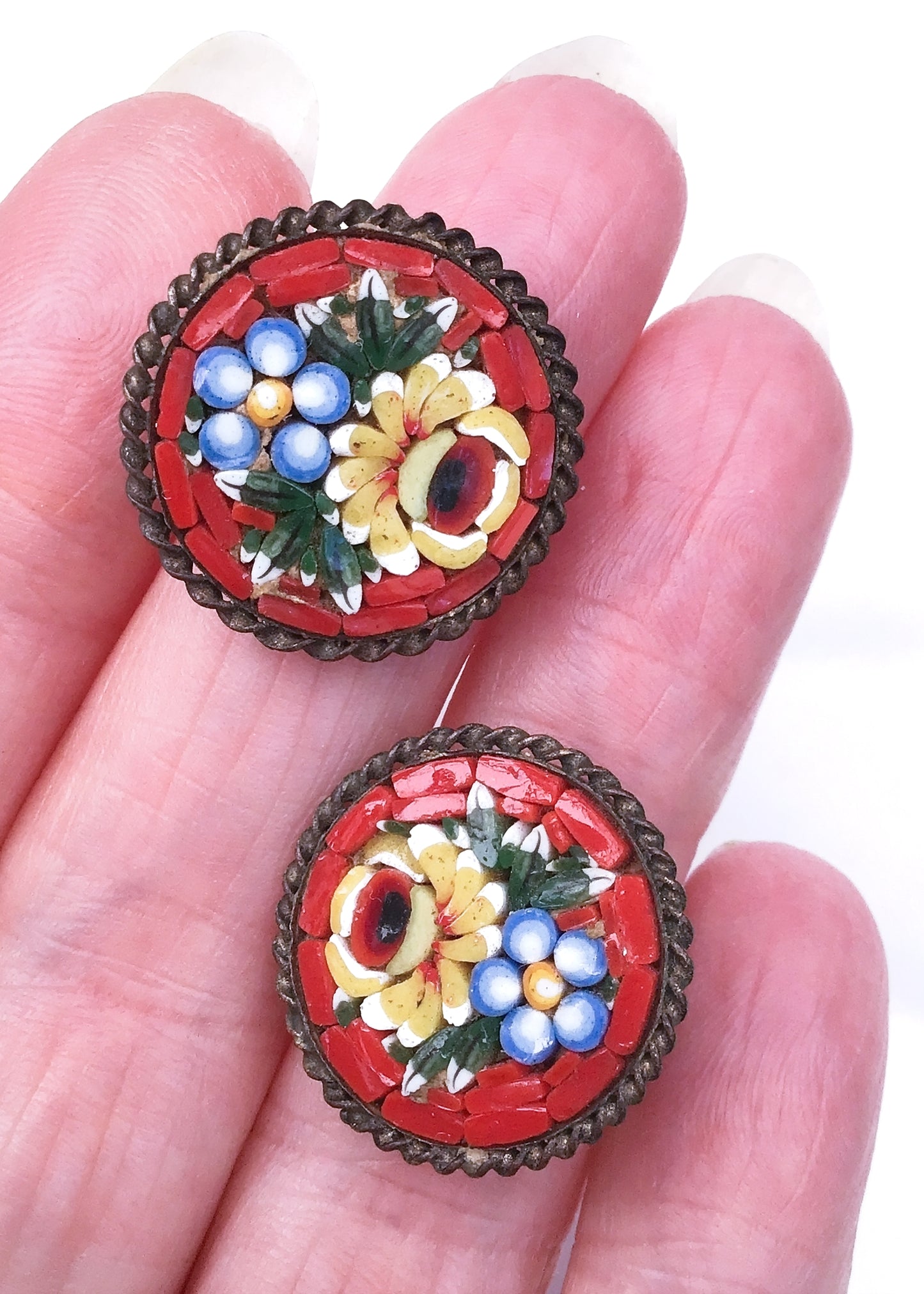 Vintage Italian Red Micro Mosaic Floral Clip Earrings