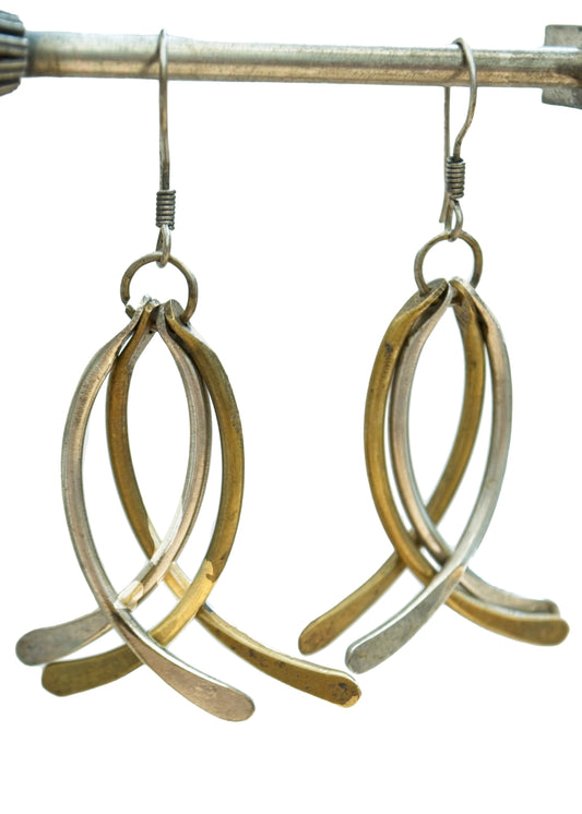 Modernist mixed metal hammered brass dangle earrings.
