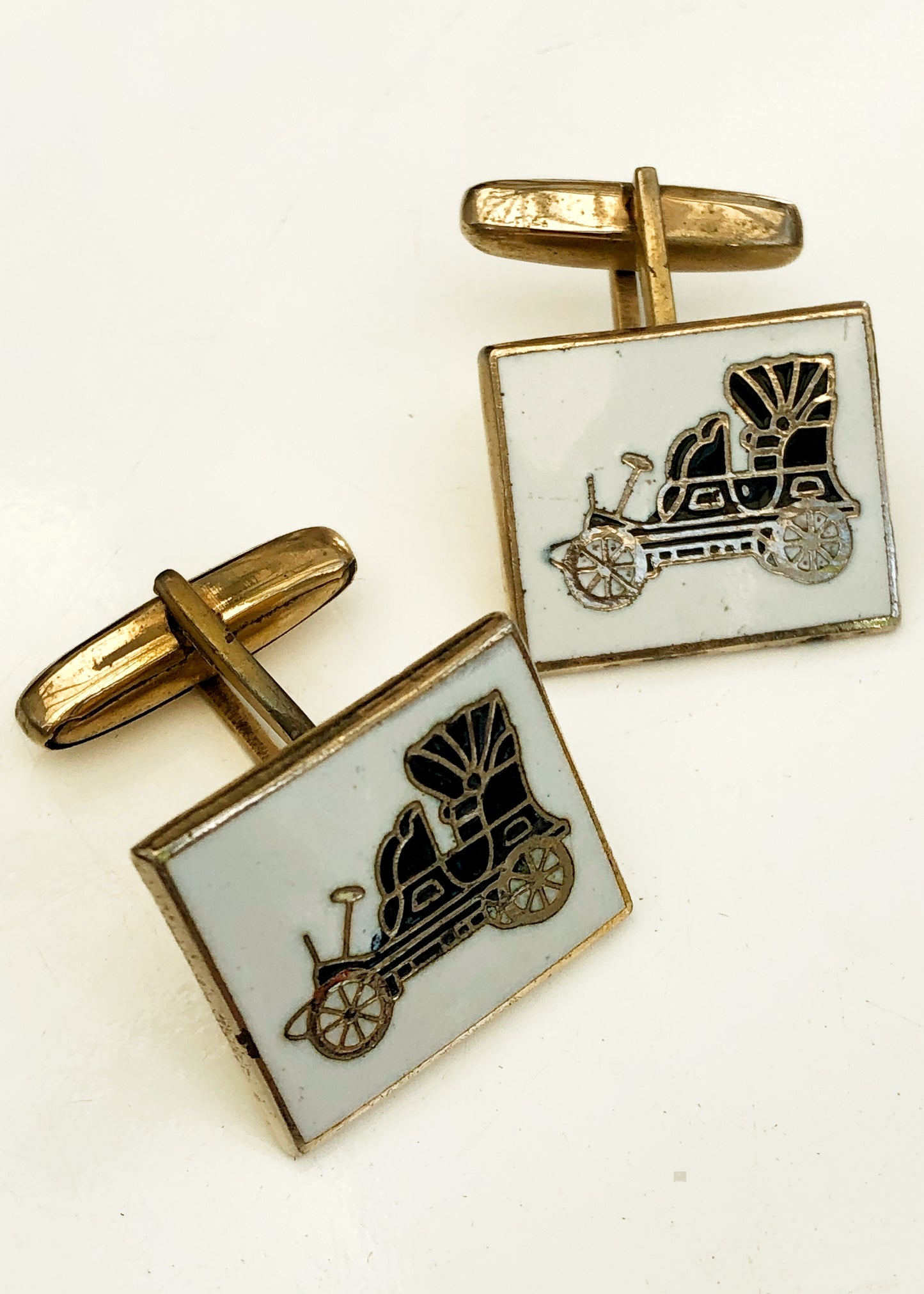 Vintage White Cloisonne Motor Car Cufflinks • Classic Car Motoring