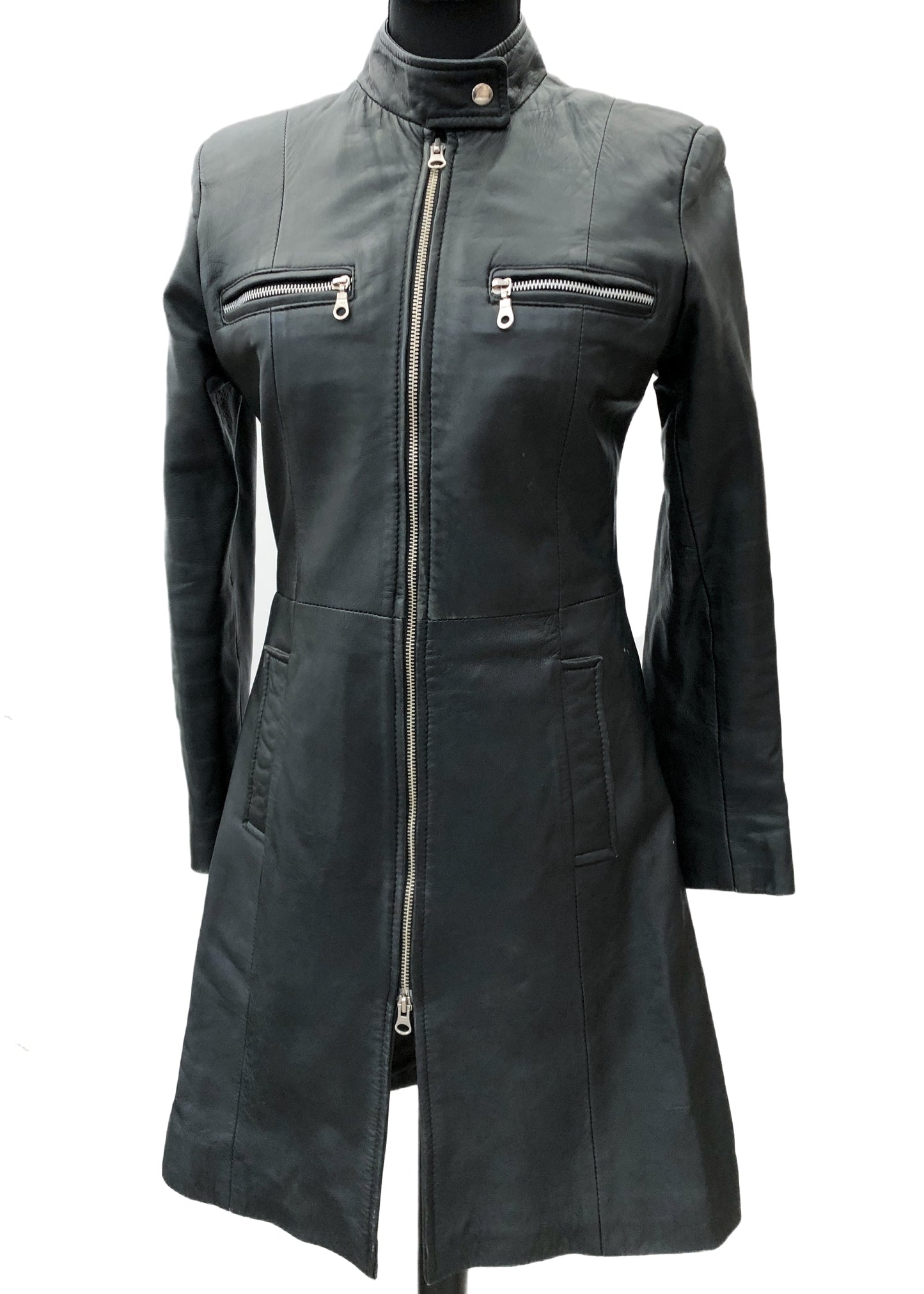 Women's Vintage 90s MDK Black Leather Coat • 3/4 Length