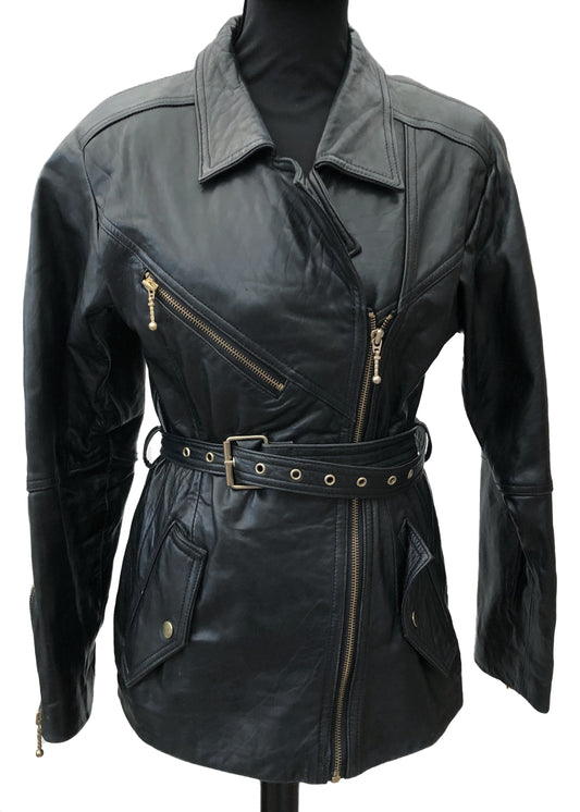 Women's Vintage 80s Longline Black Leather Biker Jacket