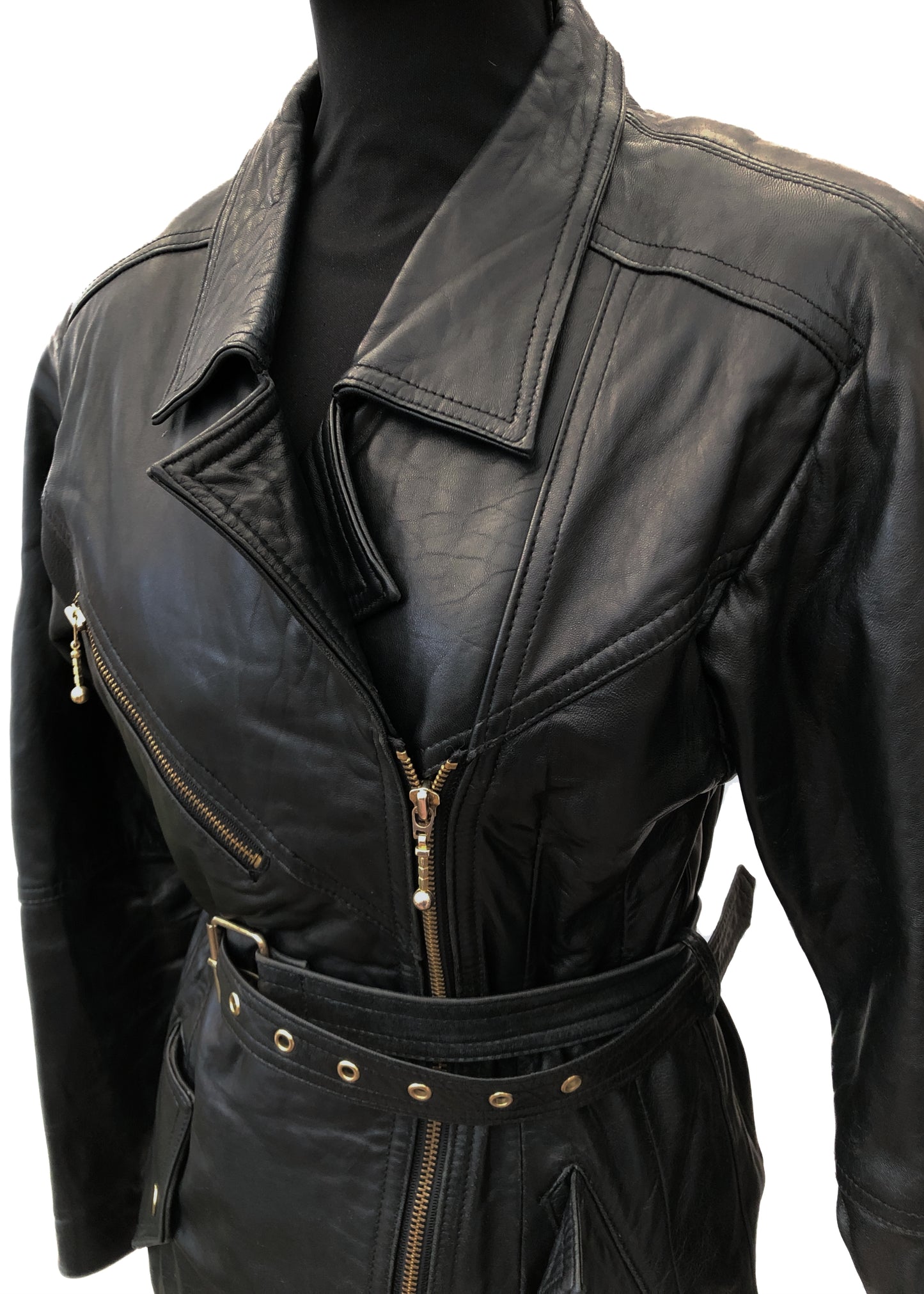 Women's Vintage 80s Longline Black Leather Biker Jacket