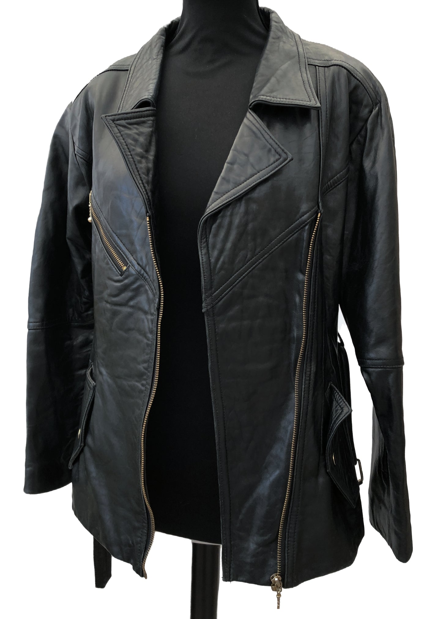 Women's Vintage 80s Longline Black Leather Biker Jacket