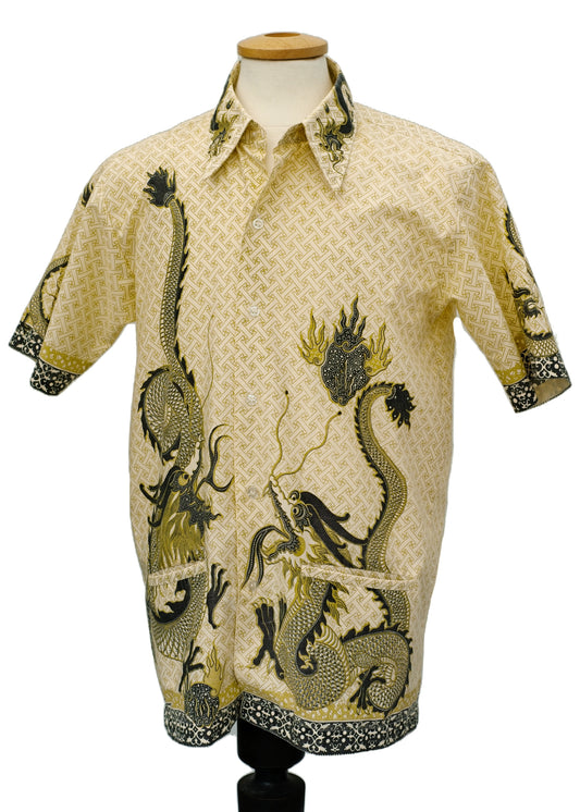 vintage short sleeve dragon shirt in olve green and pale yellow, indonesian dragon shirt with pockets