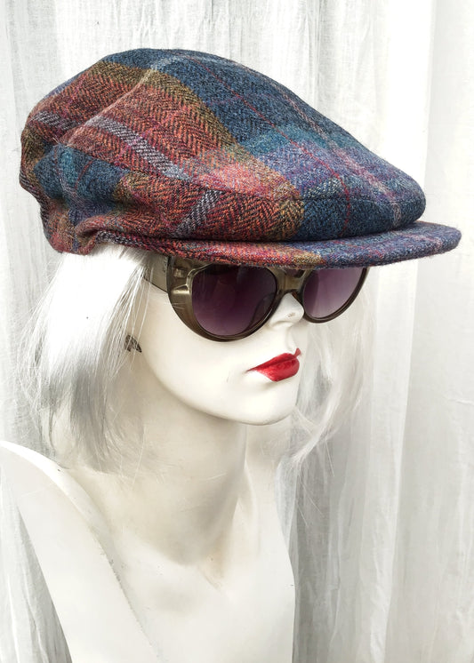 blue and red plaid wool tweed flat cap by Olney