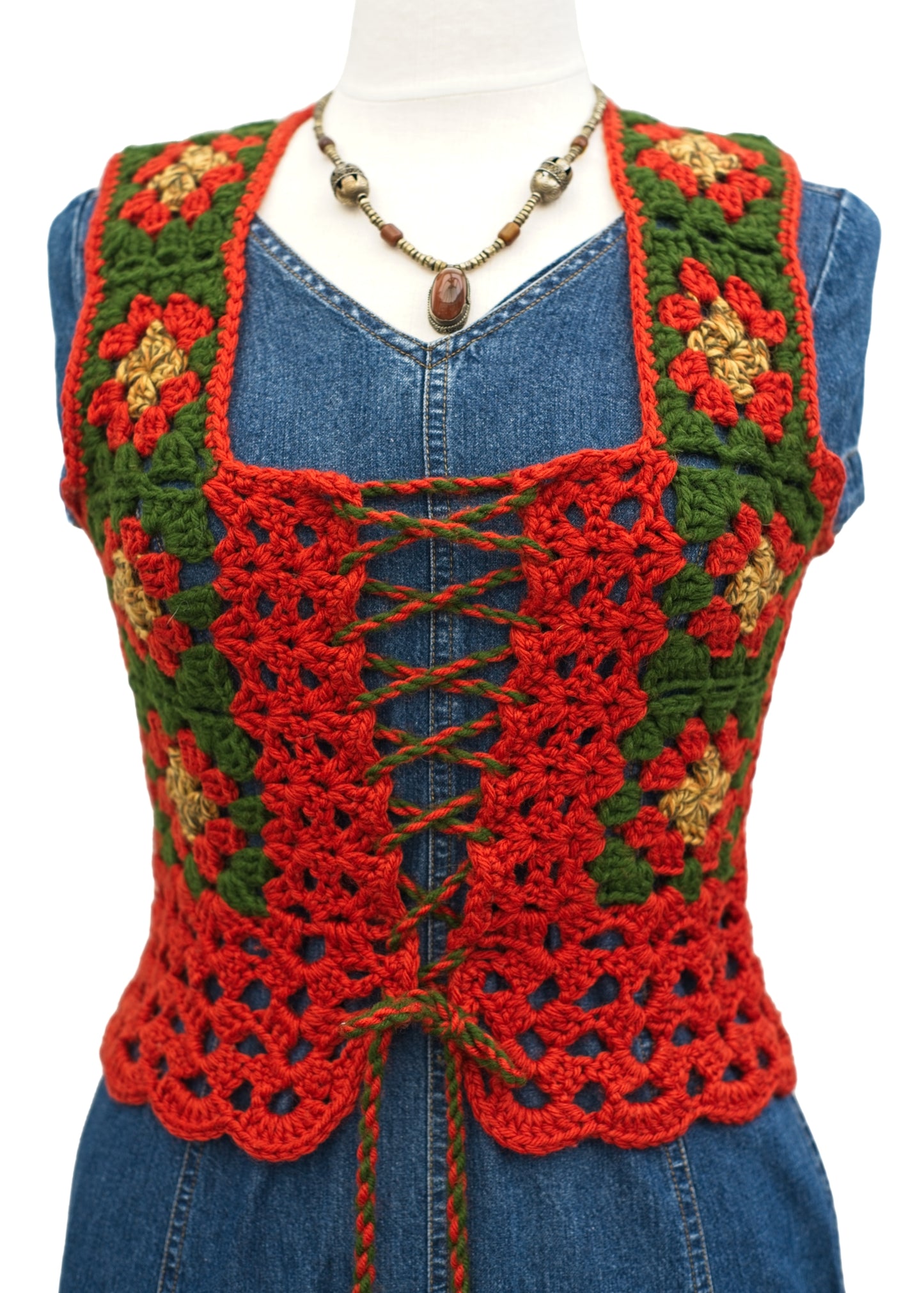 Vintage 60s Orange Hand Crochet Waistcoat • Front Lacing Vest