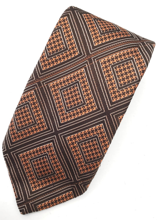 Vintage 70s Orange and Brown Diamond Pattern Textured Wide Neck Tie • Kipper Tie