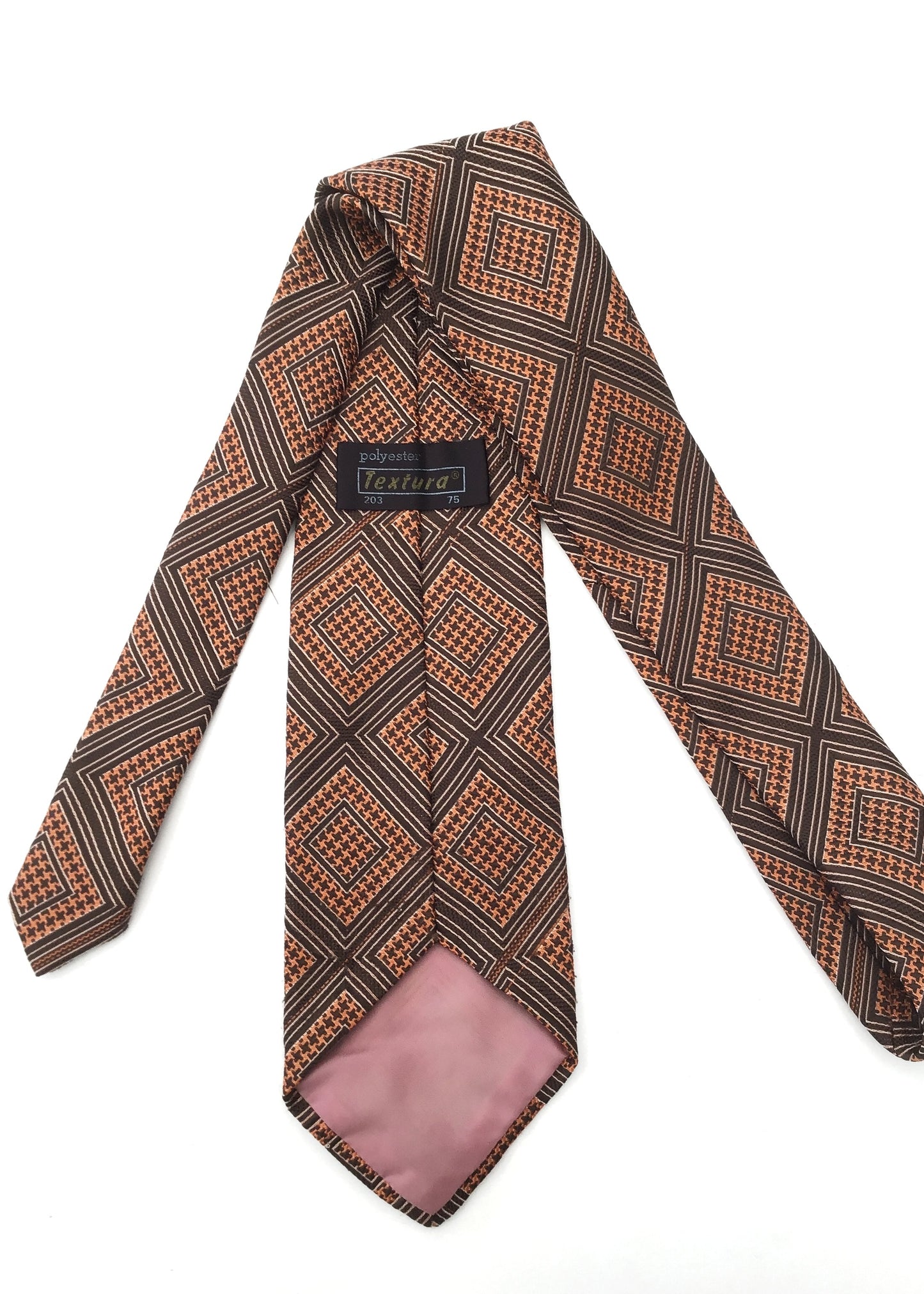 Vintage 70s Orange and Brown Diamond Pattern Textured Wide Neck Tie • Kipper Tie