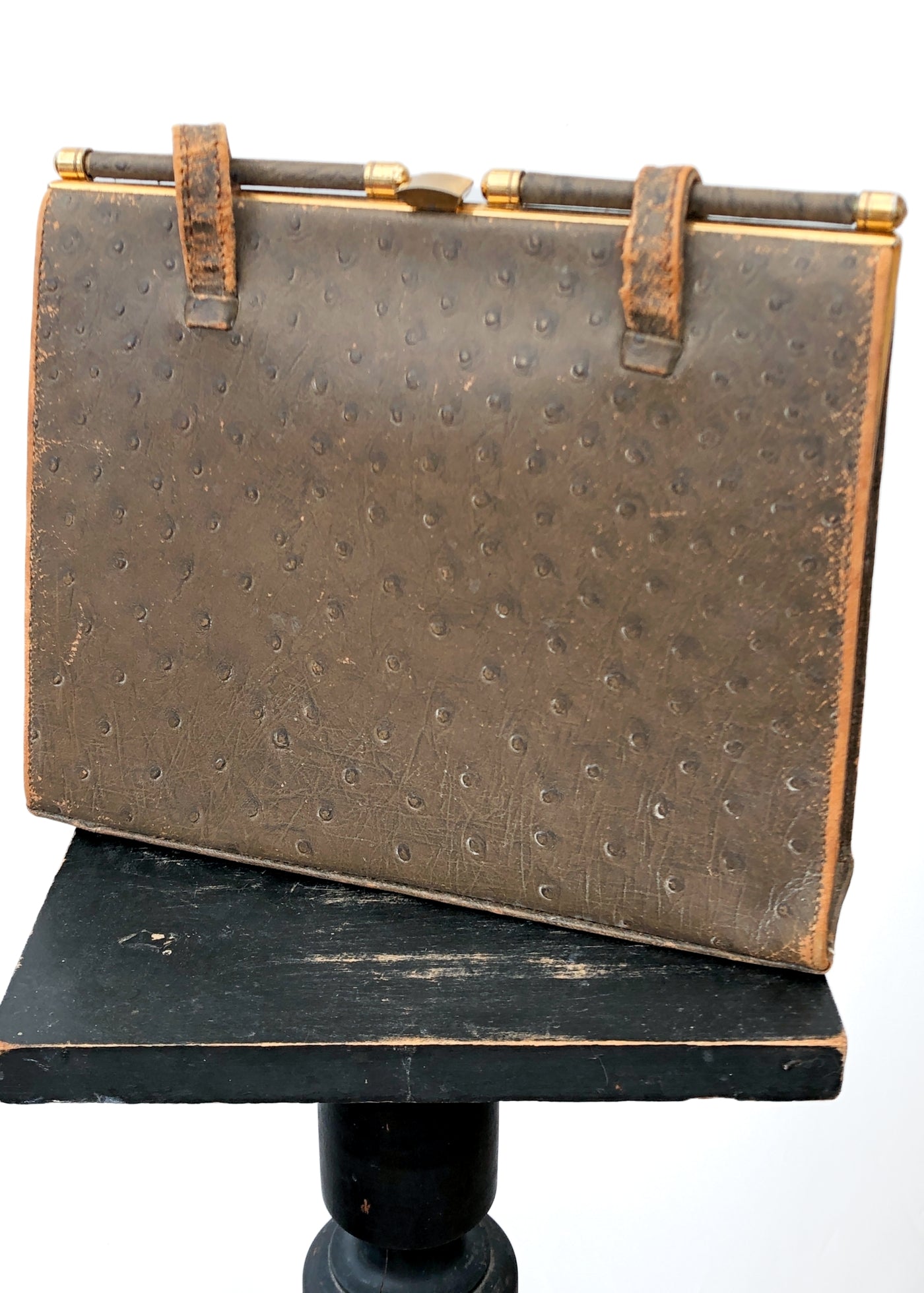 Vintage 50s Brown Ostrich Leather Kelly Bag • Handbag