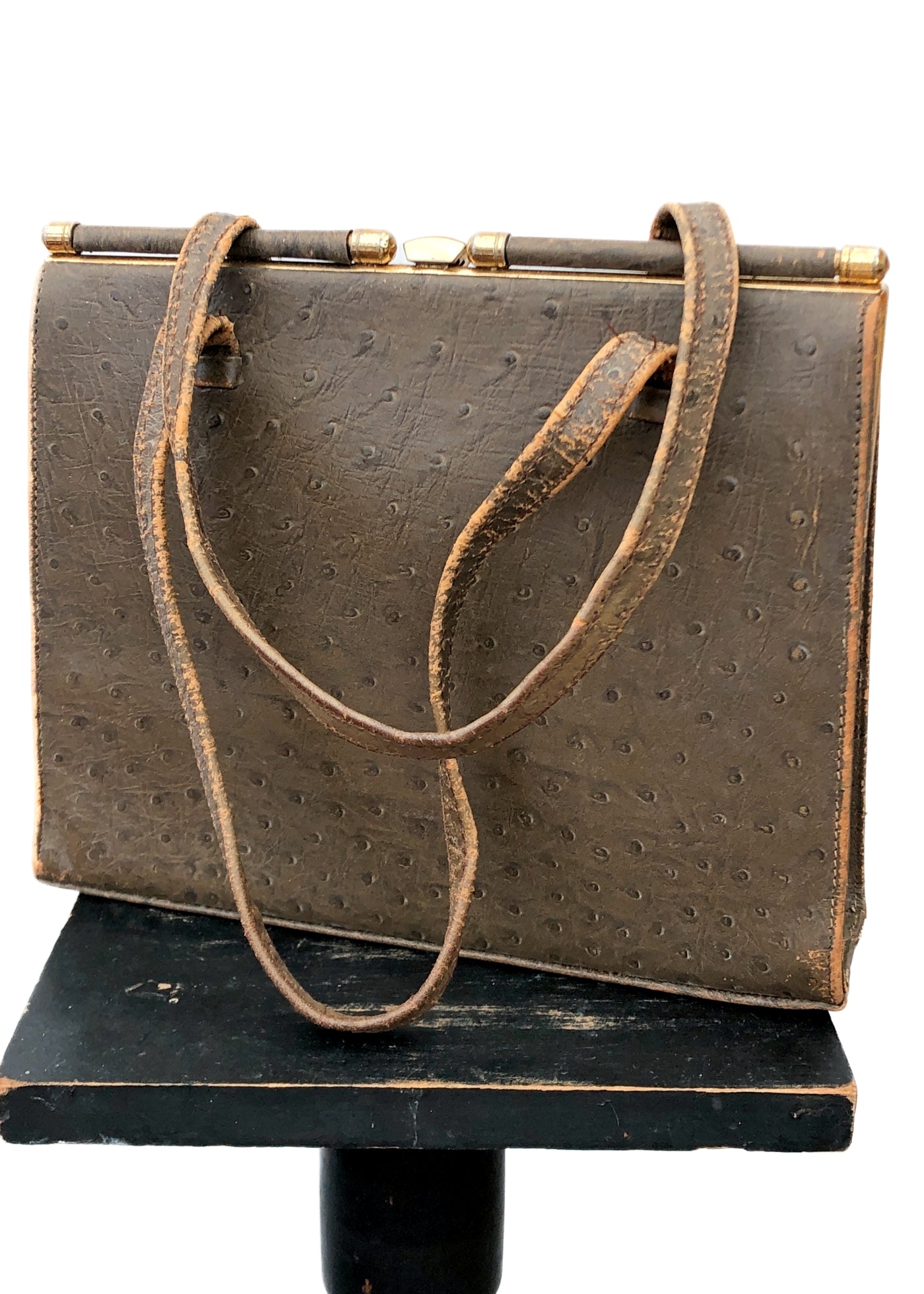 Vintage 50s Brown Ostrich Leather Kelly Bag • Handbag