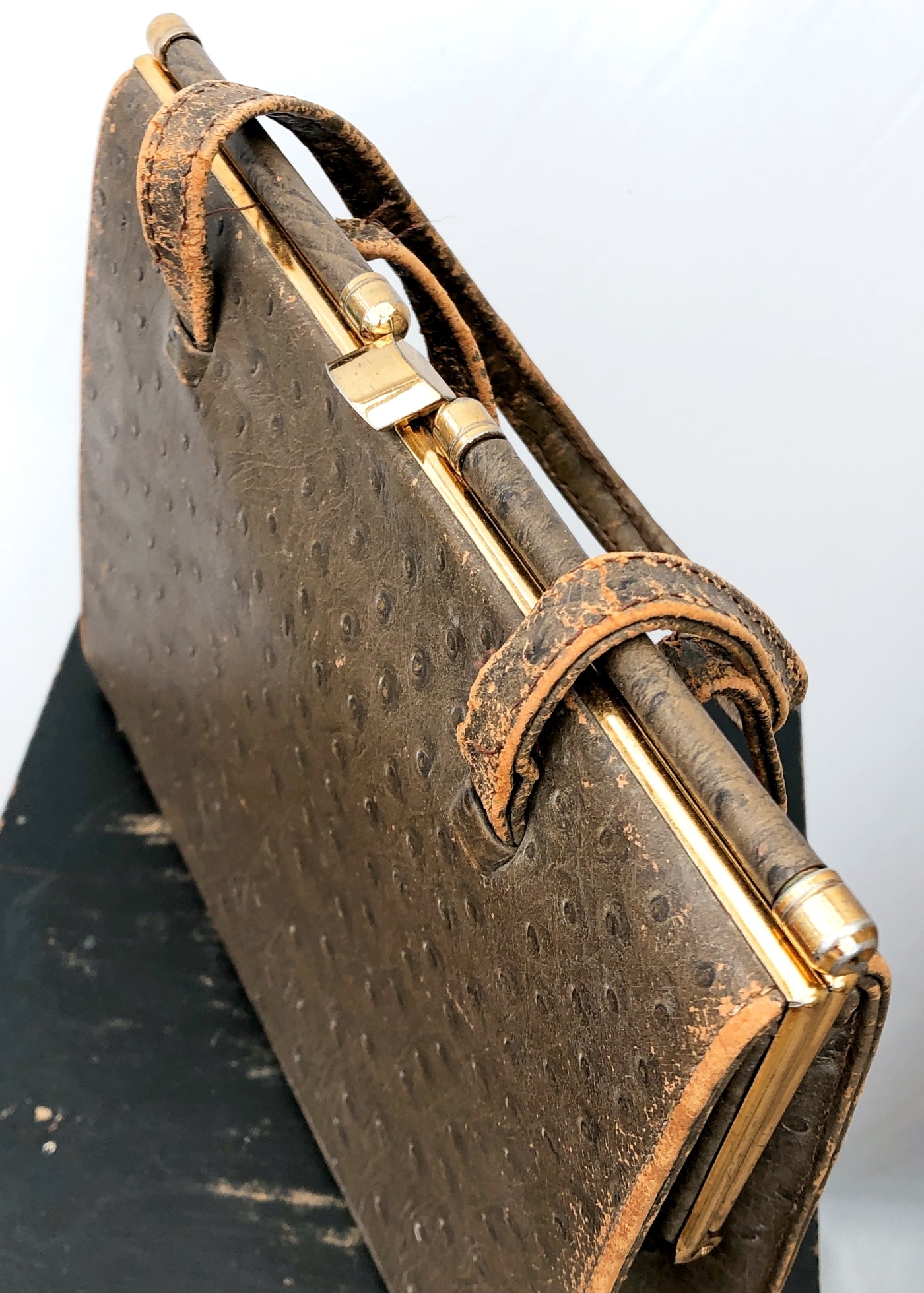Vintage 50s Brown Ostrich Leather Kelly Bag • Handbag