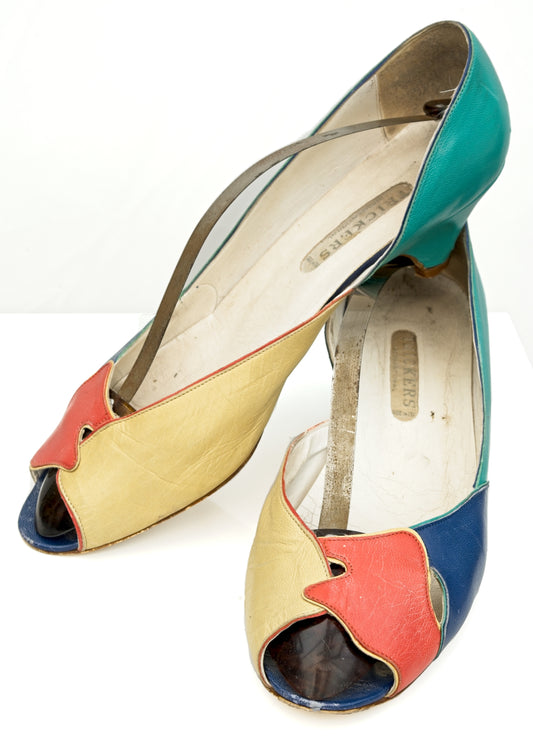 multi colour vintage 1980s peep toe court shoes with a 2 inch heel