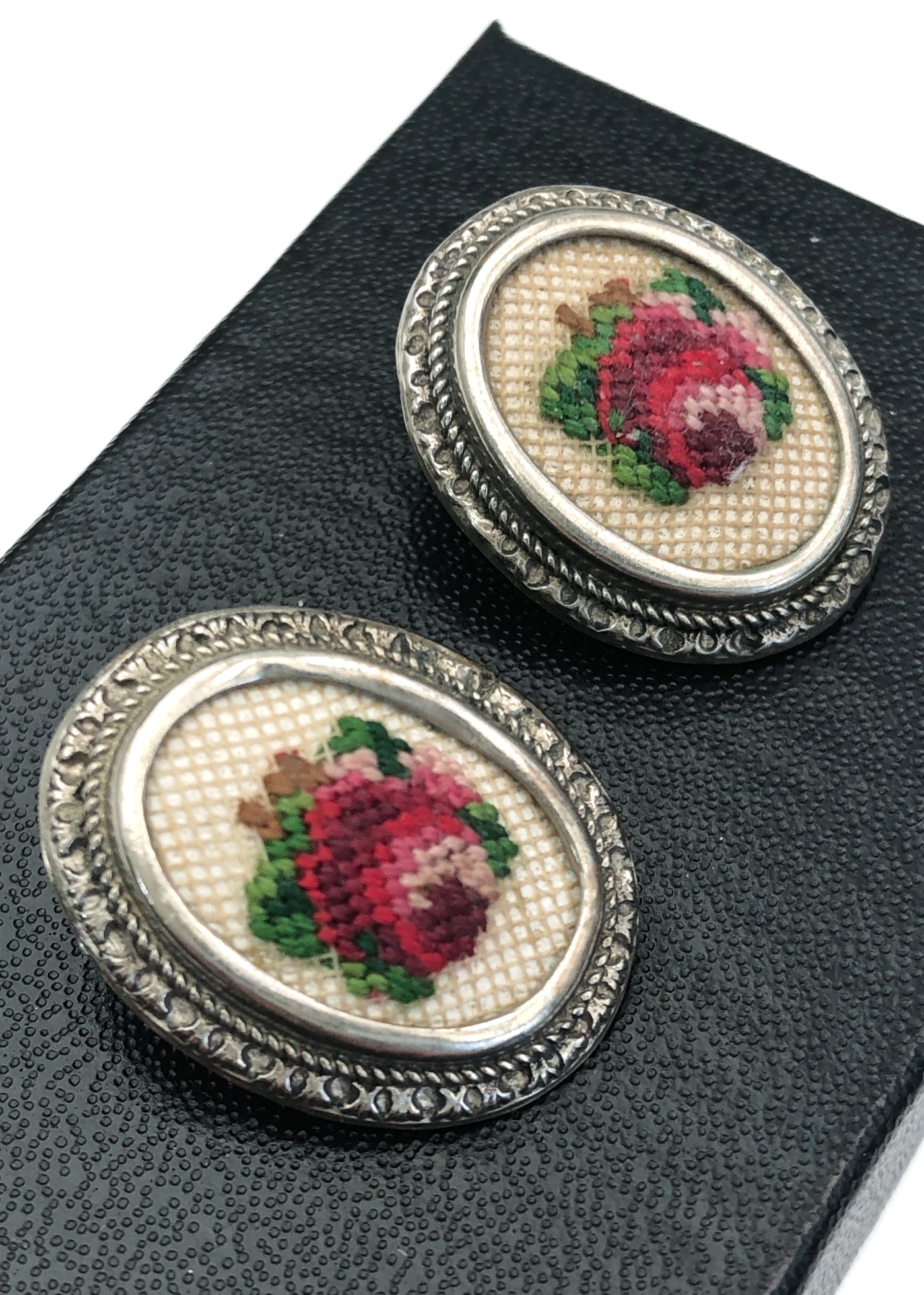 Pretty Vintage 40s Floral Petit Point Clip on Earrings