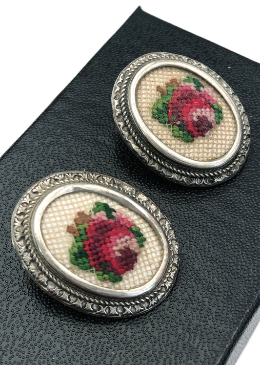 Pretty Vintage 40s Floral Petit Point Clip on Earrings