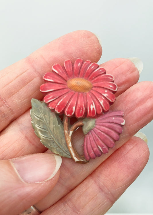 Vintage 40s Celluloid Pink Daisy Flower Brooch Pin