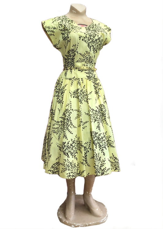 Vintage 1950s Primrose Yellow Black Flocked Cocktail Dress