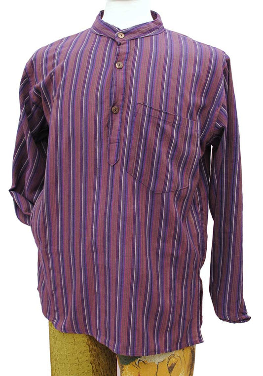vintage grandad collarless shirt in purple stripe