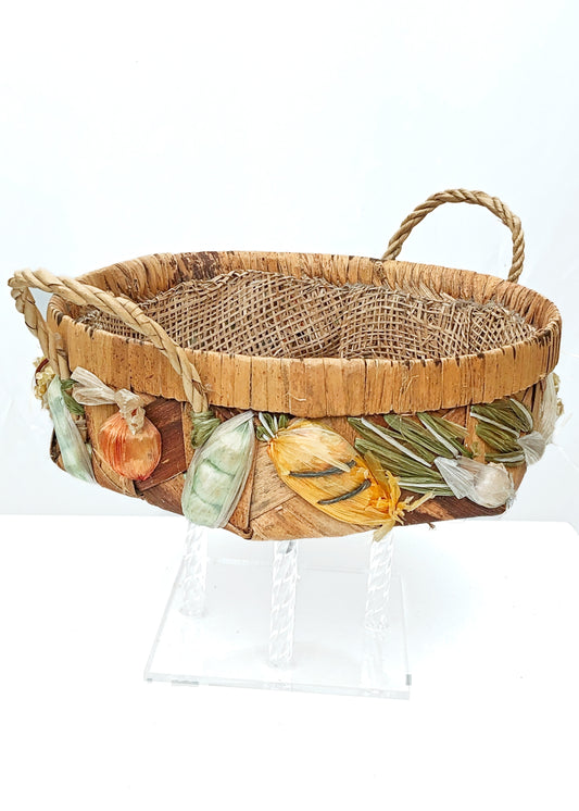 Vintage 60s Wicker Raffia Vegetable Basket • Casserole Holder