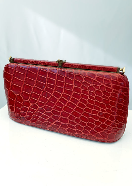 Vintage 40s Red Alligator Crocodile Handbag