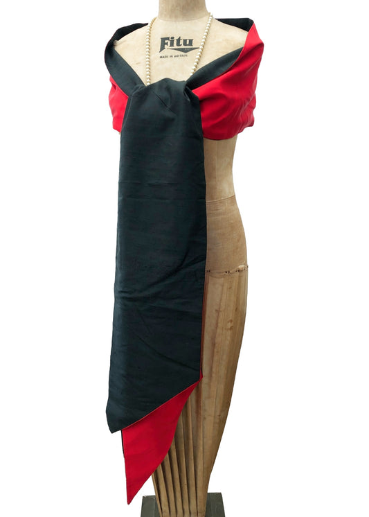 Vintage Long Red and Black Silk Dupioni Evening Shawl Scarf • Sash