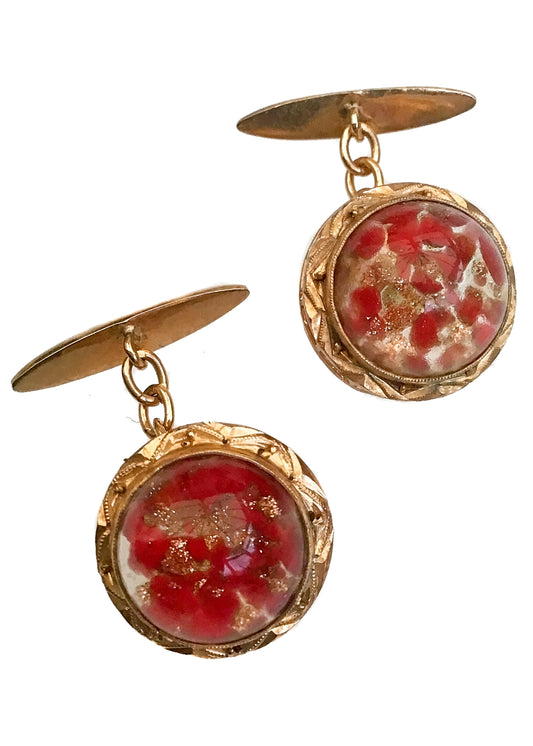 Vintage Domed Red Gold Confetti Art Glass Cufflinks