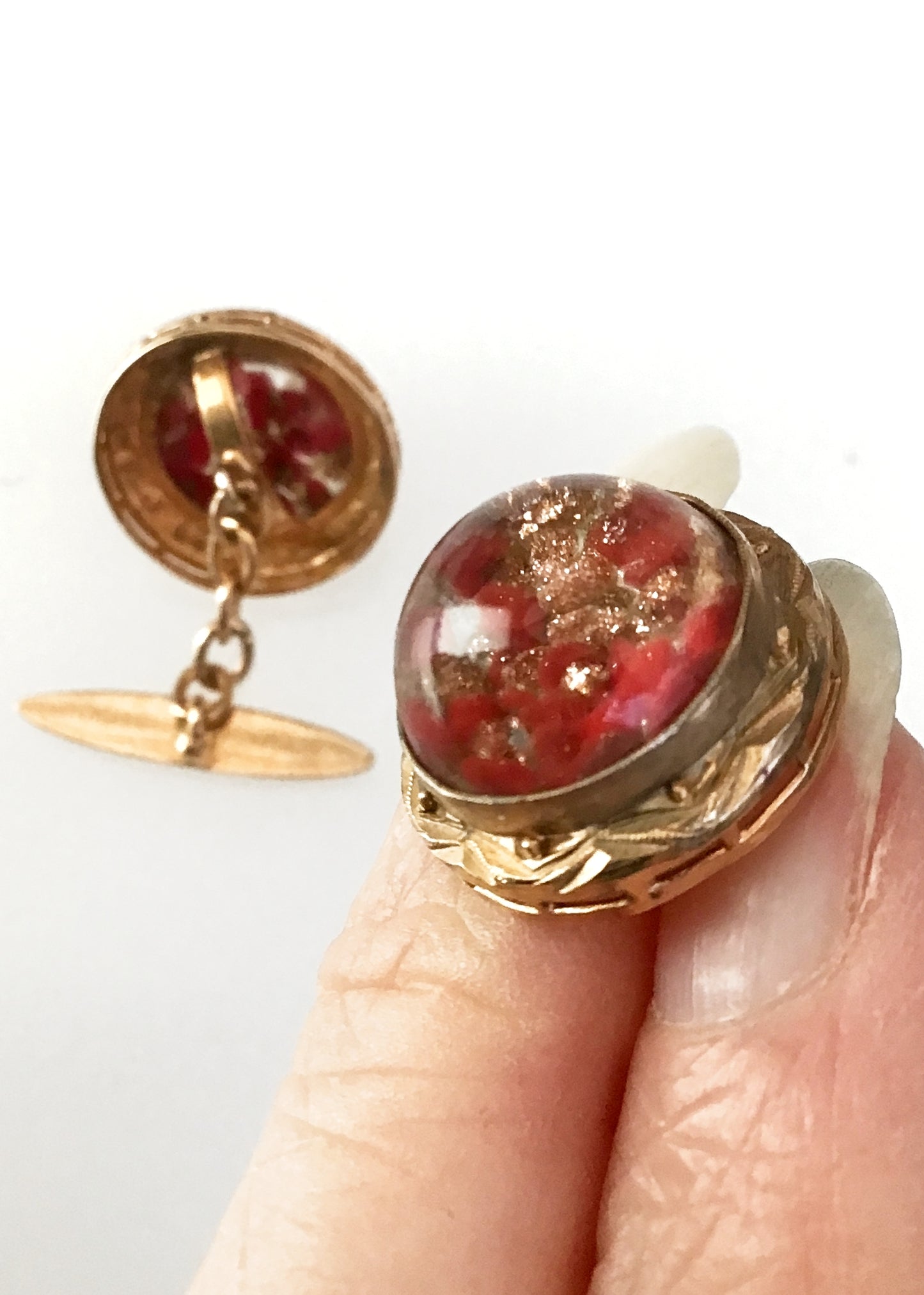 Vintage Domed Red Gold Confetti Art Glass Cufflinks