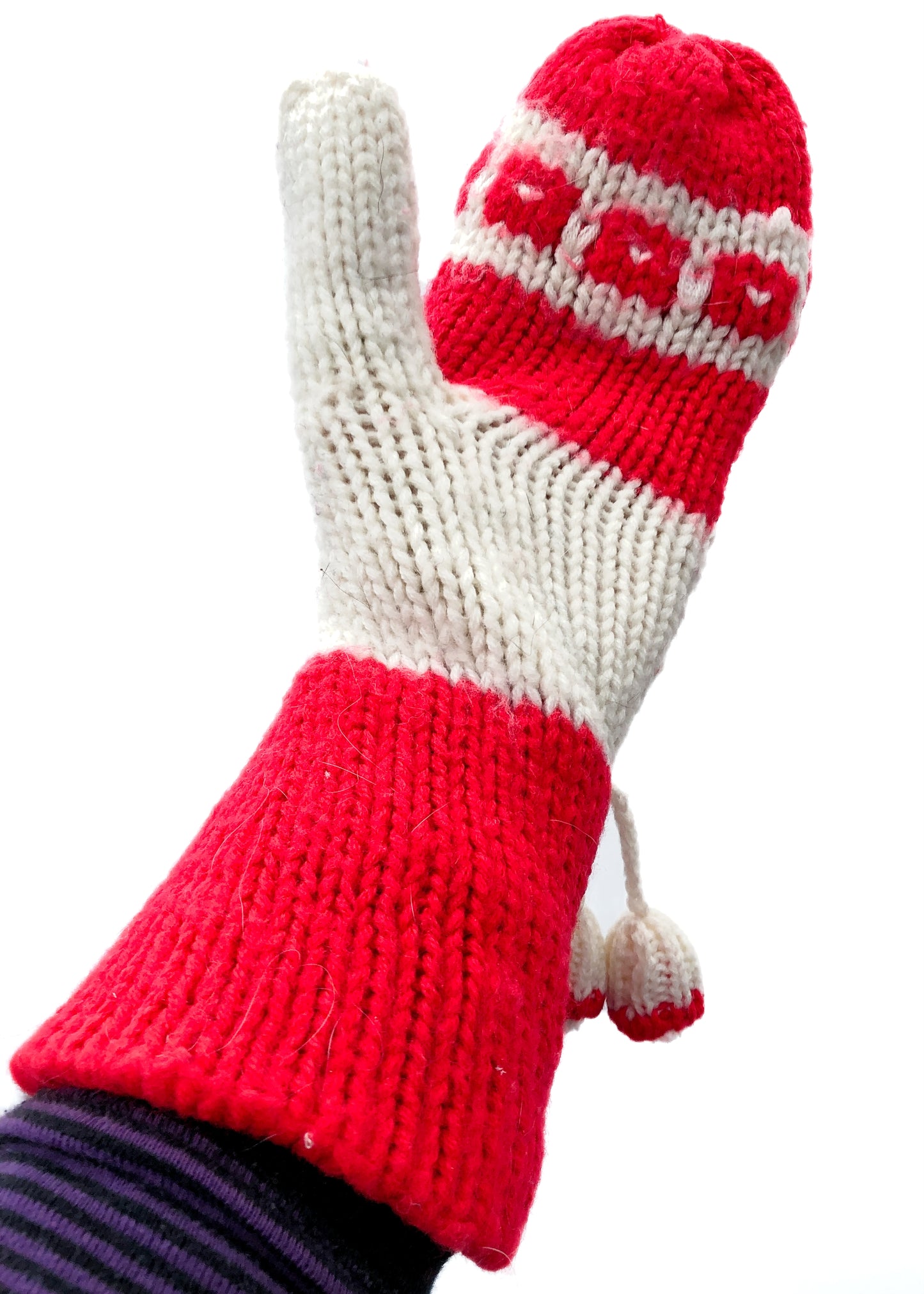 Vintage 60s Red & White Winter Knit Mittens Gloves • Hand Knitted
