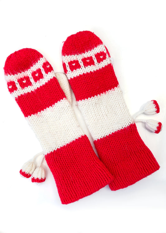 Vintage 60s Red & White Winter Knit Mittens Gloves • Hand Knitted