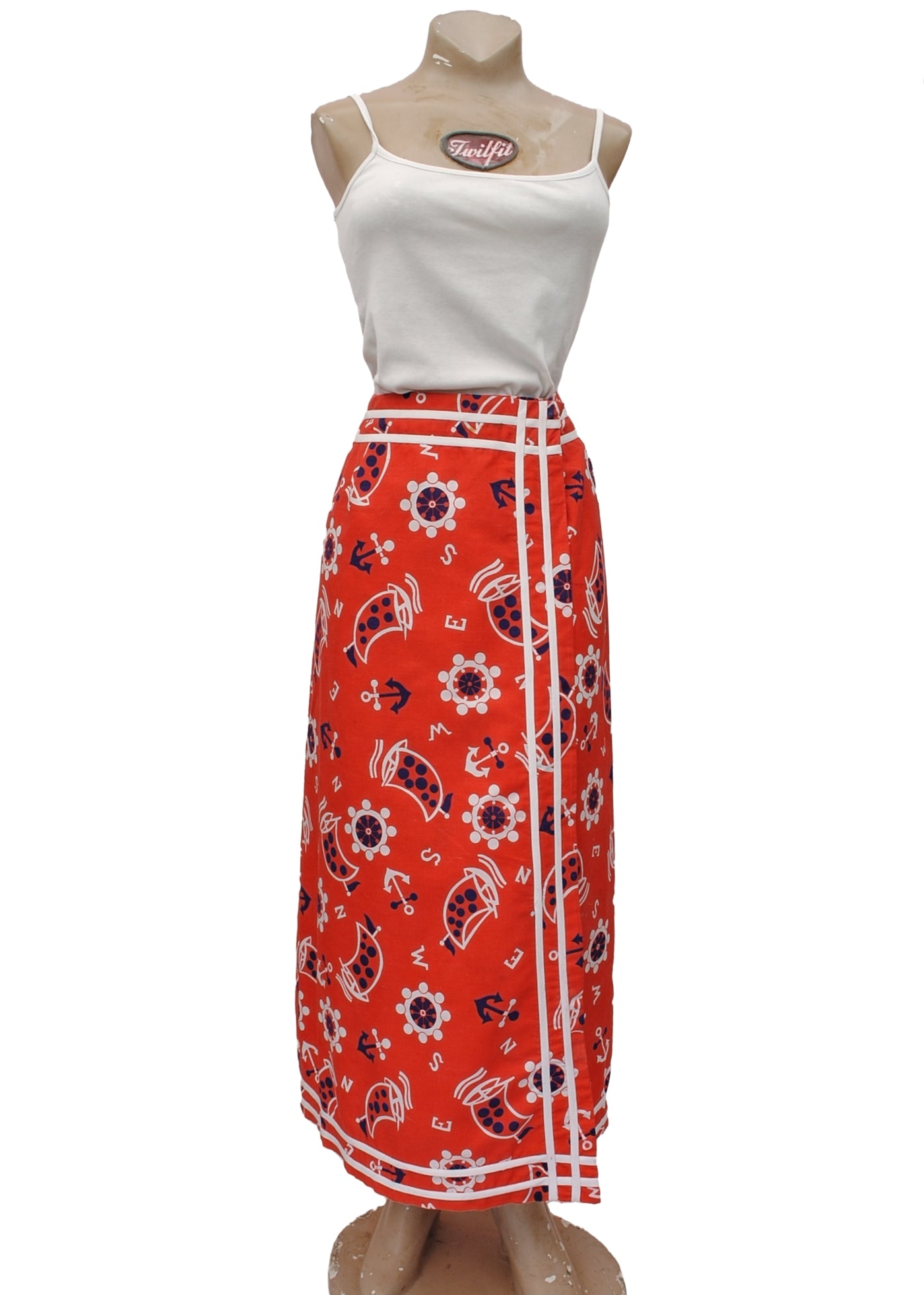 Vintage 70s Red White & Blue Nautical Print Maxi Pencil Skirt