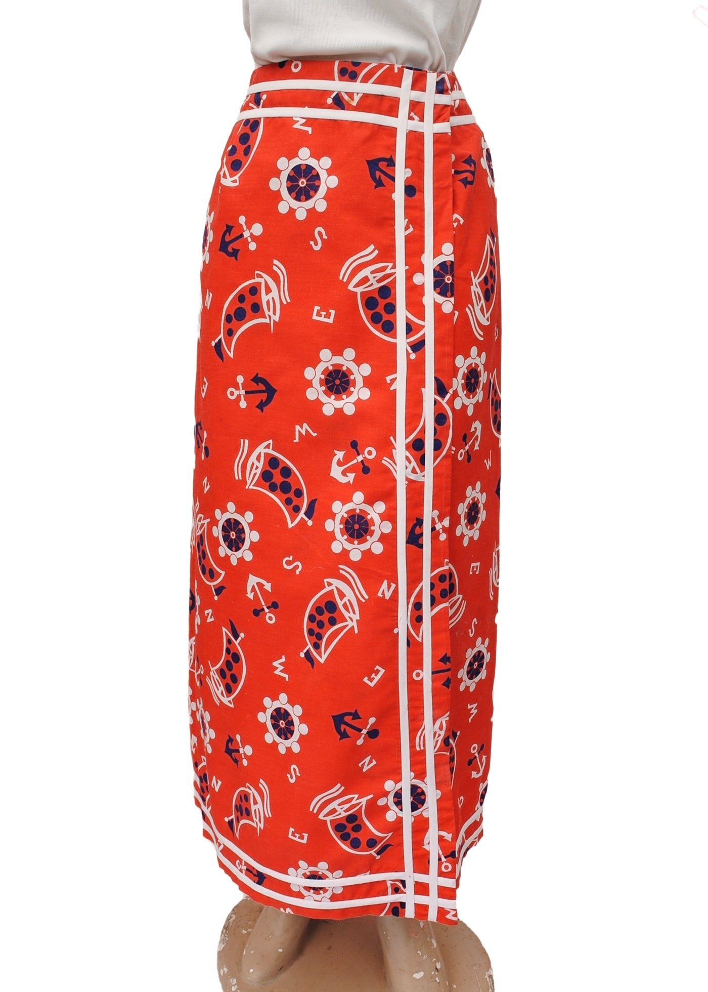 Vintage 70s Red White & Blue Nautical Print Maxi Pencil Skirt