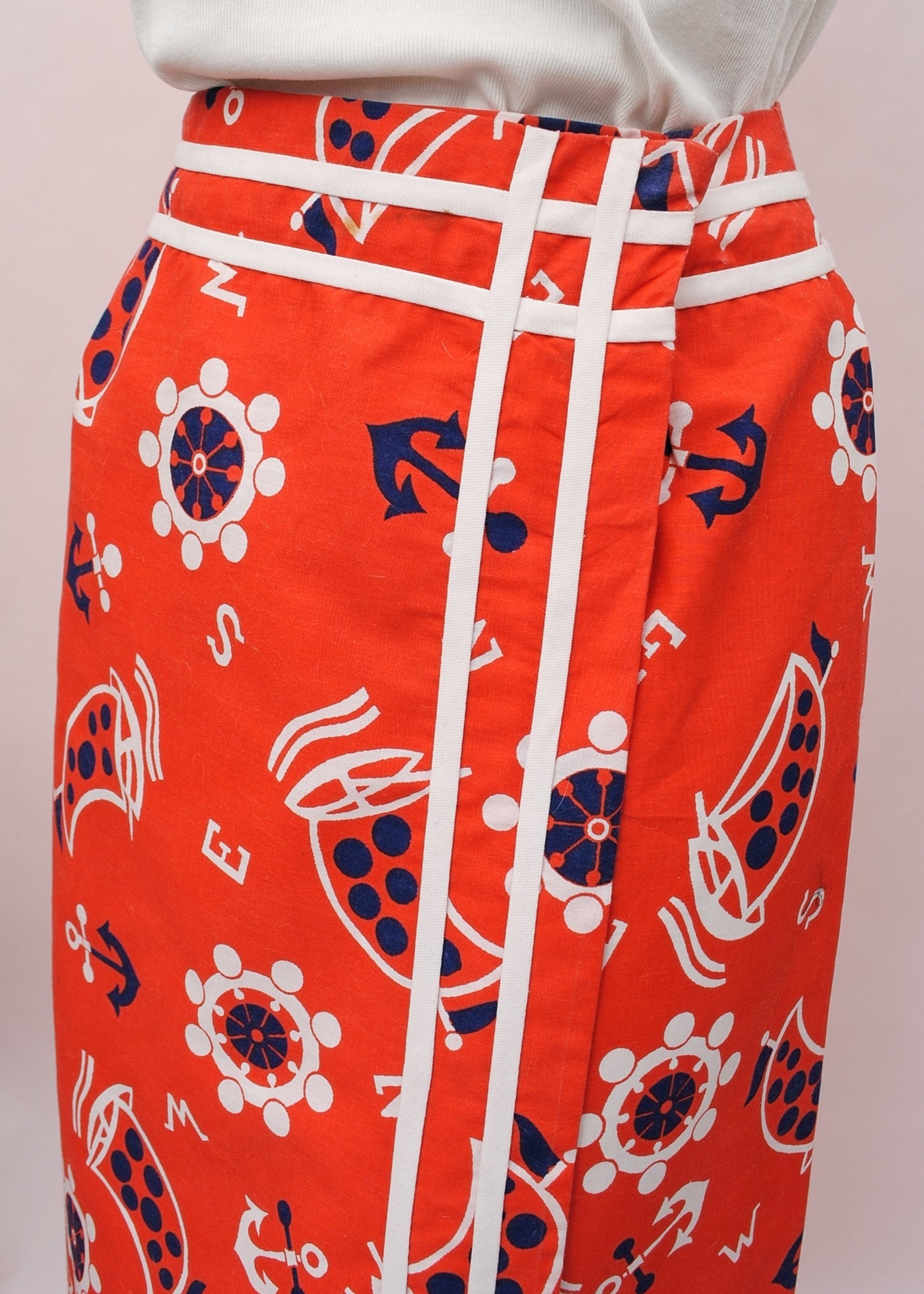 Vintage 70s Red White & Blue Nautical Print Maxi Pencil Skirt