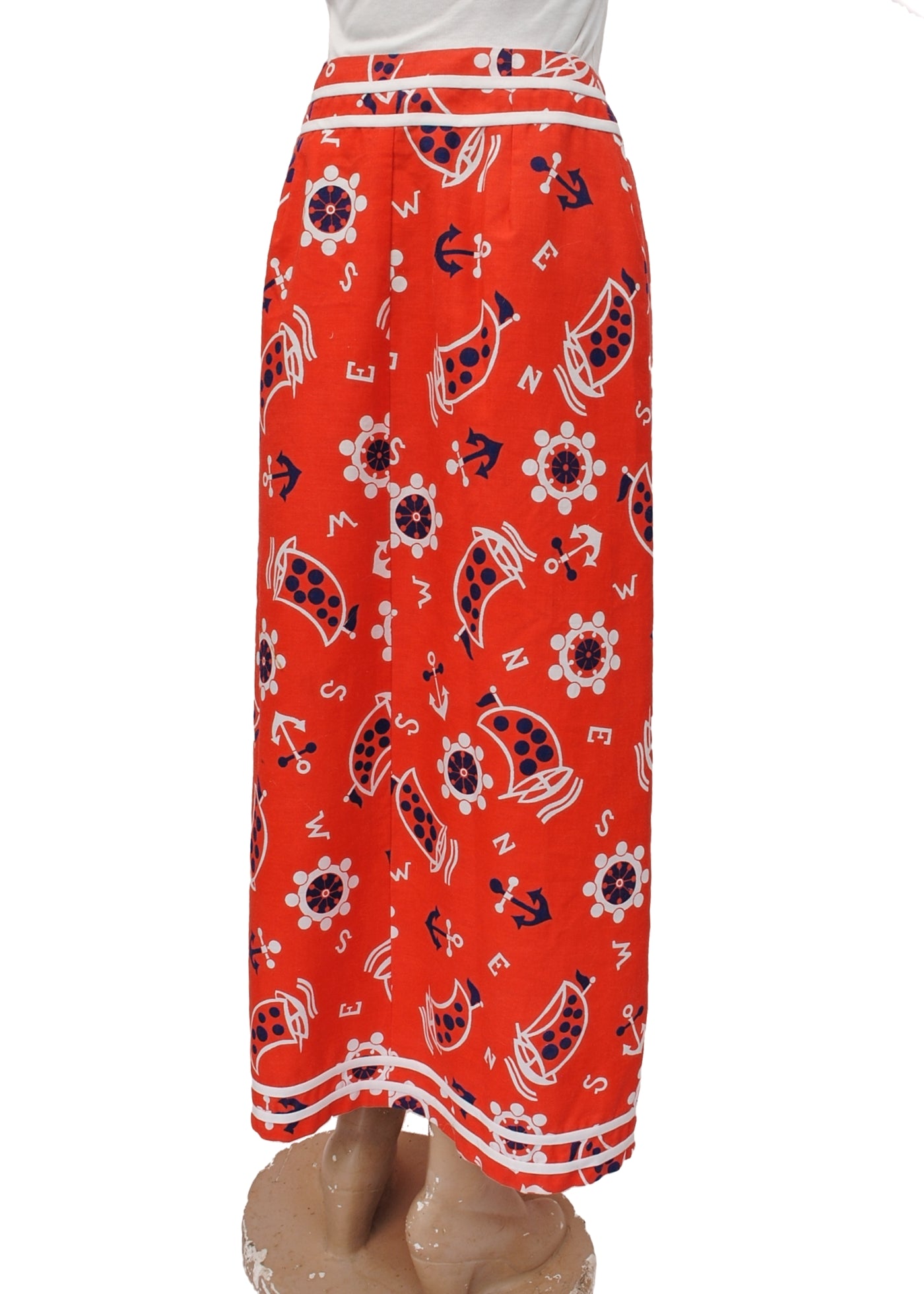 Vintage 70s Red White & Blue Nautical Print Maxi Pencil Skirt