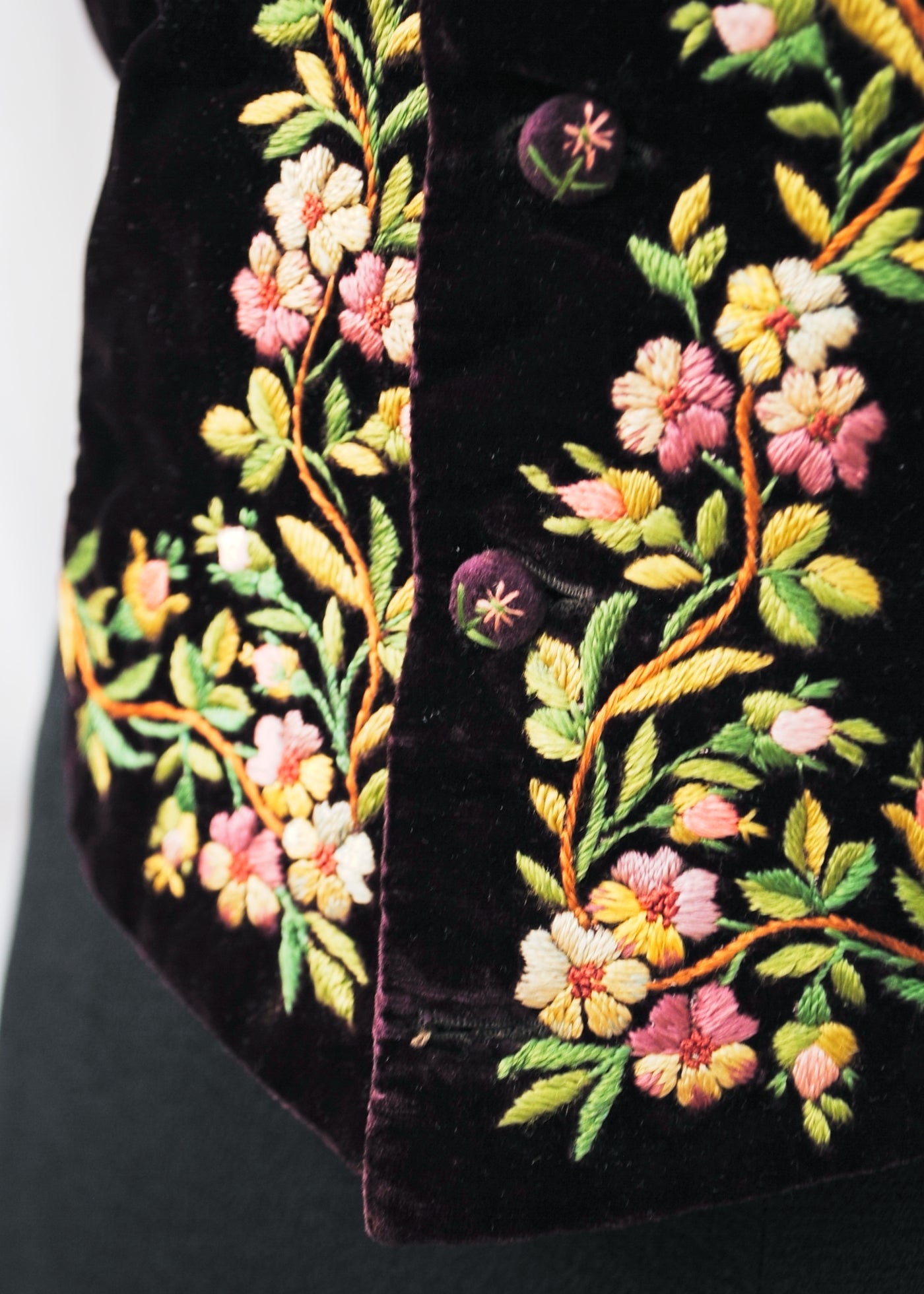 colourful floral embroidered georgian velvet waistcoat