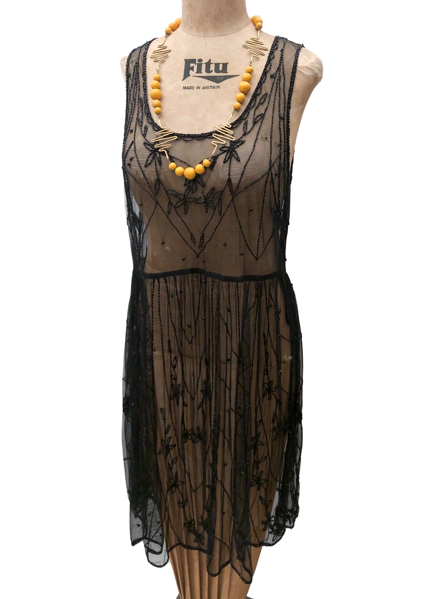 Retro Black Net Beaded Flapper Dress • Sleeveless