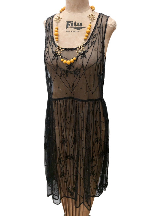 Retro Black Net Beaded Flapper Dress • Sleeveless