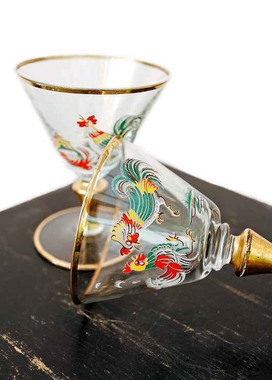 Vintage Art Deco Painted Cockerel Rooster Cocktail Glasses