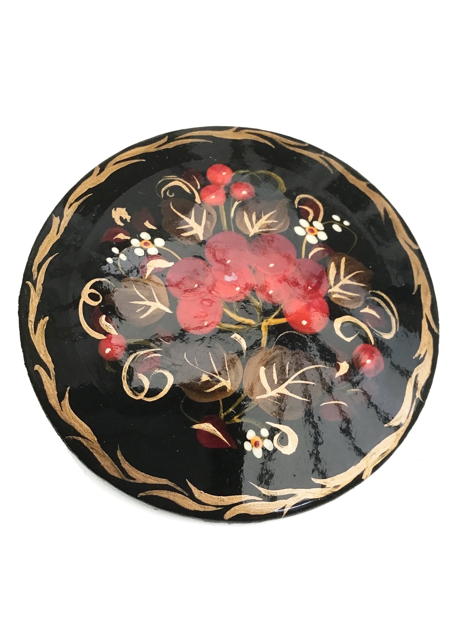 Hand Painted Red Berries Black Russian Laquer Brooch Pin