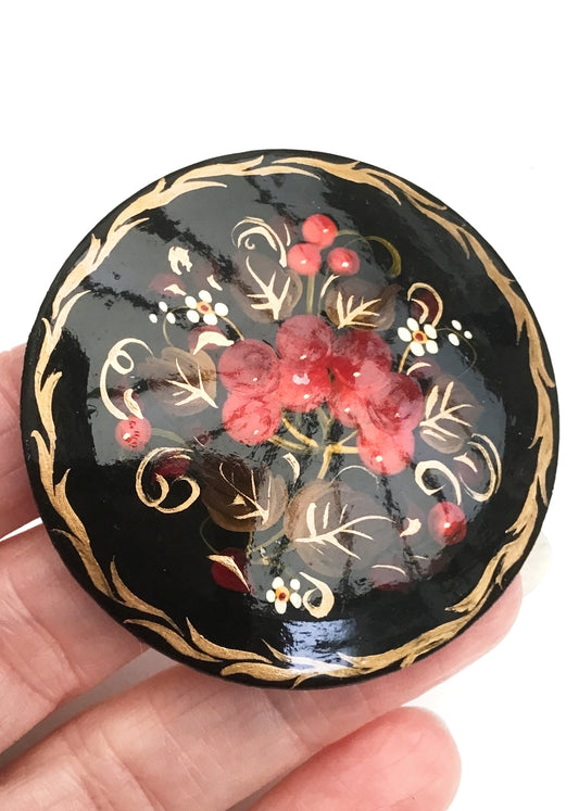 Hand Painted Red Berries Black Russian Laquer Brooch Pin