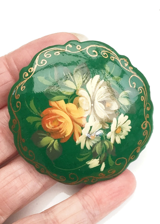 Hand Painted Green Floral Russian Laquer Brooch Pin