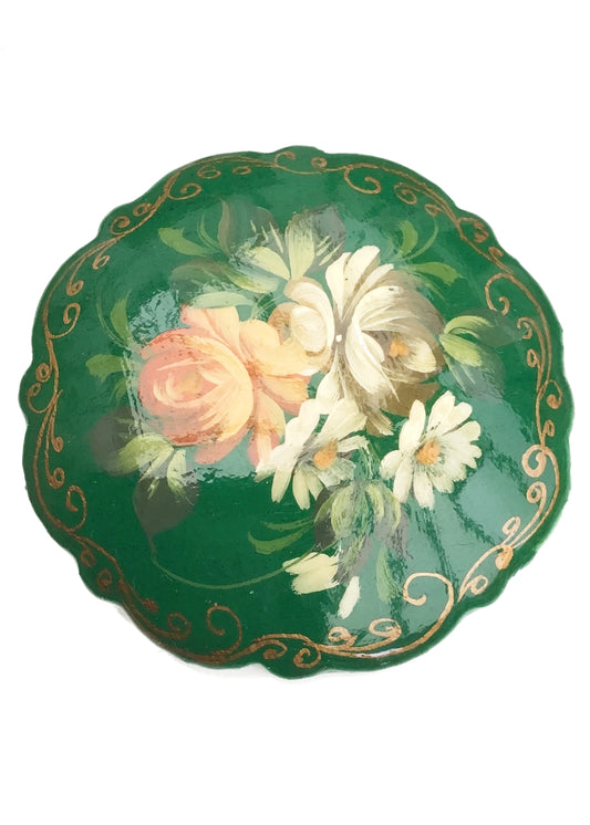Hand Painted Green Floral Russian Laquer Brooch Pin