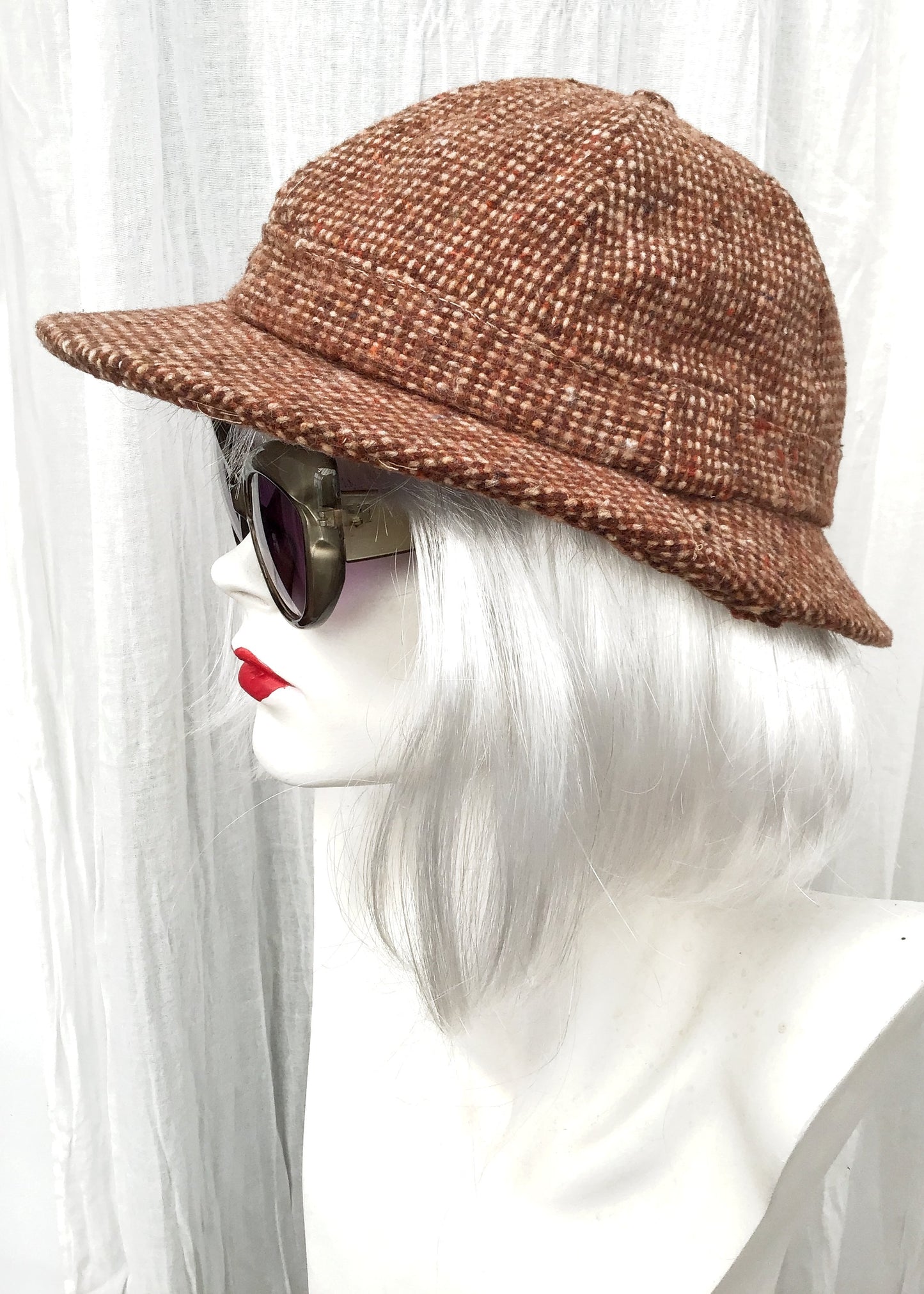 vintage barbour rusty bronn wool tweed hunting hat, deerstalker