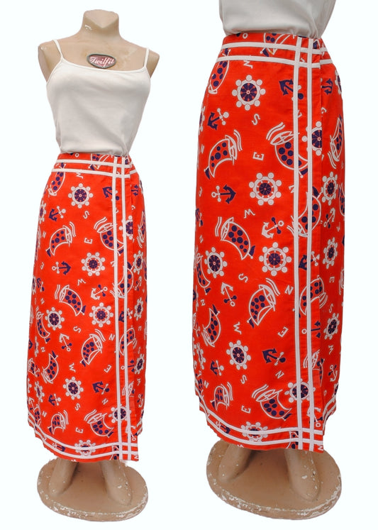 Vintage 80s Red White & Blue Sailor Print Maxi Pencil Skirt