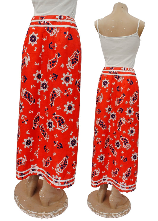 Vintage 70s Red White & Blue Nautical Print Maxi Pencil Skirt