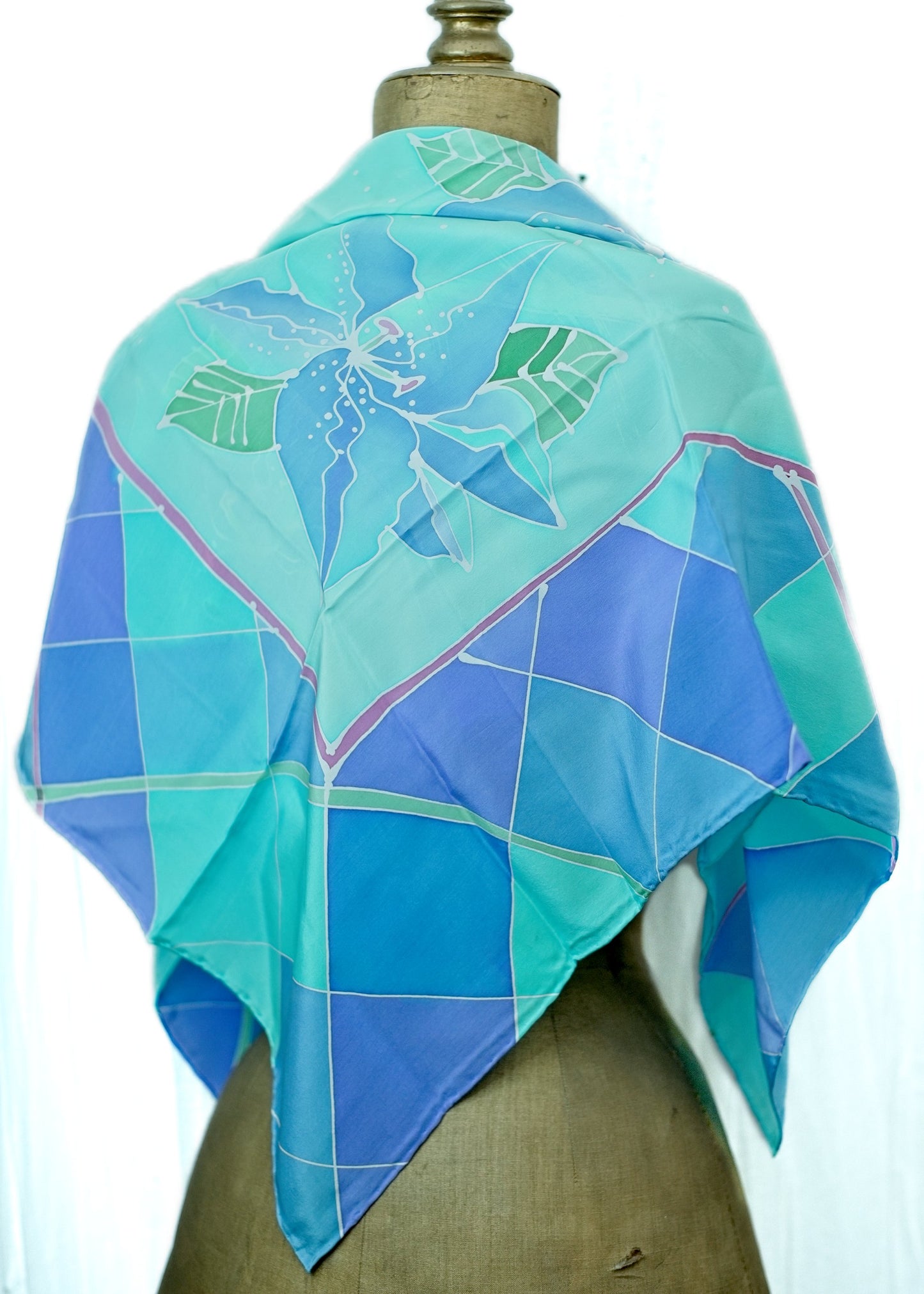 Large Artisan Silk Painted Turquoise Scarf Shawl • Sally Lomas